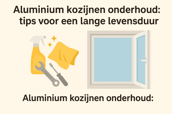 Illustratie van aluminium kozijnen met schoonmaakmiddelen en gereedschap. Tips voor onderhoud om aluminium kozijnen langer mee te laten gaan en energiezuinig te houden.